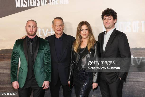 Chet Hanks, Tom Hanks, Rita Wilson, and Truman Hanks attend the world premiere of Apple TV+'s "Masters Of The Air" at Regency Village Theatre on...