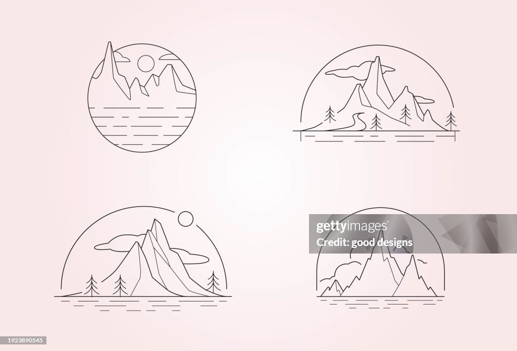 Mountain Adventure Line Art Logo Set Vector Stock Illustration