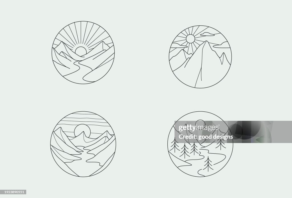 Mountain Adventure Line Art Logo Set Vector Stock Illustration