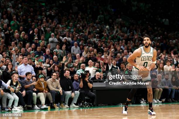 Jayson Tatum of the Boston Celtics takes a shot against the Minnesota Timberwolves at TD Garden on January 10, 2024 in Boston, Massachusetts. The...