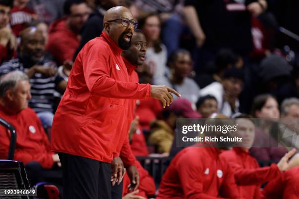 Head coach Mike Woodson of the Indiana Hoosiers gestures during the second half of a game against the Rutgers Scarlet Knights at Jersey Mike's Arena...