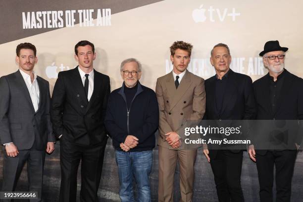 Sawyer Spielberg, Callum Turner, Steven Spielberg, Austin Butler, Tom Hanks and Gary Goetzman attend the world premiere of Apple TV+'s "Masters Of...