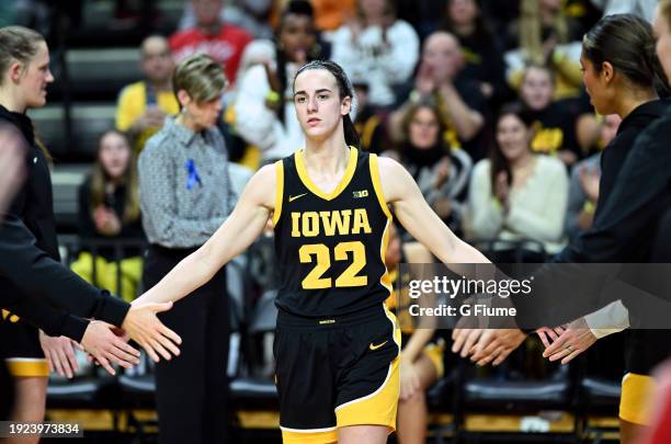 Caitlin Clark of the Iowa Hawkeyes is introduced before the game against the Rutgers Scarlet Knights at Jersey Mike's Arena on January 05, 2024 in...