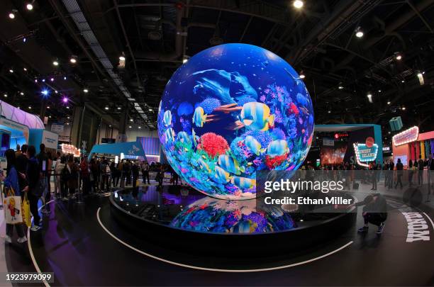 The Wonder Globe, a 20-foot, spherical LED screen is shown at SK Group's SK Wonderland booth during CES 2024 at the Las Vegas Convention Center on...