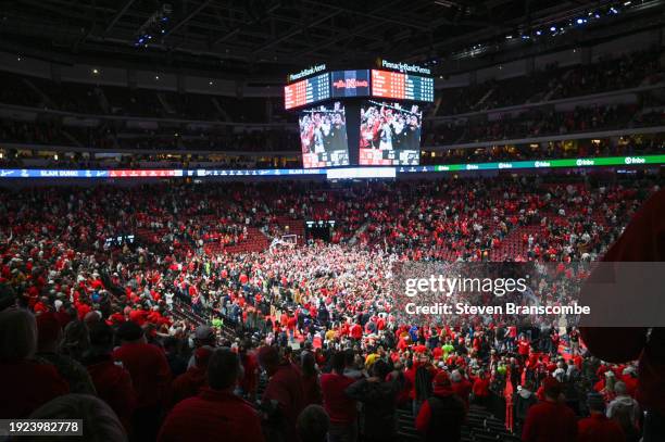 Fans storm the court after the Nebraska Cornhuskers defeated the Purdue Boilermakers at Pinnacle Bank Arena on January 9, 2024 in Lincoln, Nebraska.