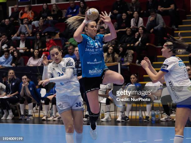 Emilie Arntzen of CSM Bucharest is in action during the EHF Champions League Women 2023/24 Group Phase game between CSM Bucharest and Buducnost BEMAX...