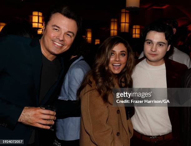 Seth MacFarlane, Giorgia Whigham, Max Burkholder attend the Premiere of Peacock's "Ted" After Party at Alma Restaurant on January 10, 2024 in Los...