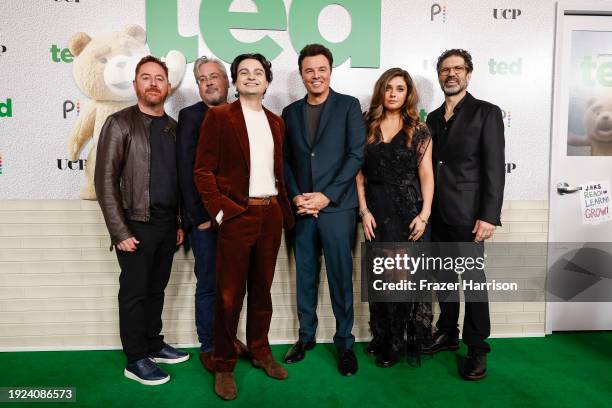 Scott Grimes, Paul Corrigan, Max Burkholder, Seth MacFarlane, Giorgia Whigham, and Brad Walsh attend the premiere of Peacock's "Ted" at The Grove on...