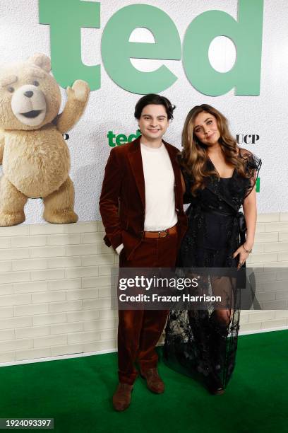 Max Burkholder and Giorgia Whigham attend the premiere of Peacock's "Ted" at The Grove on January 10, 2024 in Los Angeles, California.