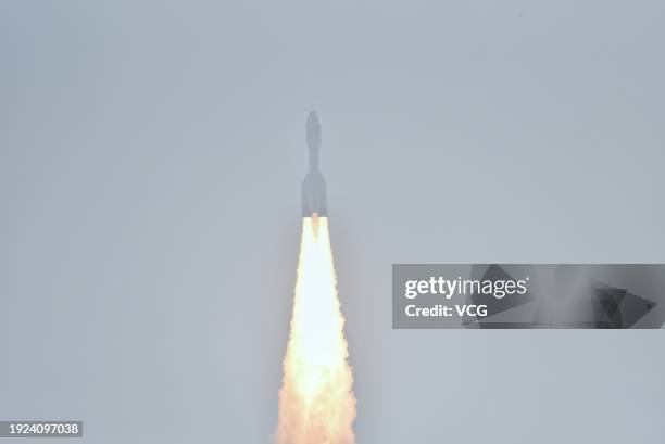 Gravity-1 carrier rocket carrying 3 satellites blasts off from the Taiyuan Satellite Launch Center on January 11, 2024 in waters off the coast of...