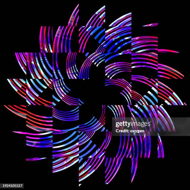 geometric abstract distorted star shape blue neon purple glass broken flower snowflake retro style on black background. cover poster retro striped style - black star square bildbanksfoton och bilder