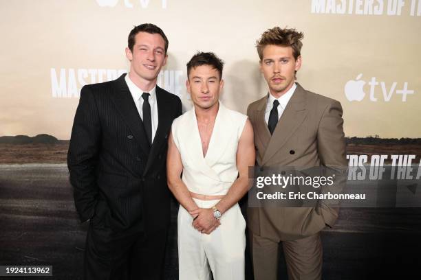 Callum Turner, Barry Keoghan and Austin Butler attend the premiere of the Apple TV+ “Masters of the Air” at the Regency Village Theatre on January...