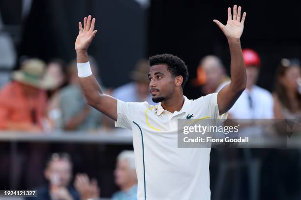 Arthur Fils of France wins his match against Daniel Altmaier of Germany during the 2024 Men's ASB Classic at ASB Tennis Centre on January 11, 2024 in...