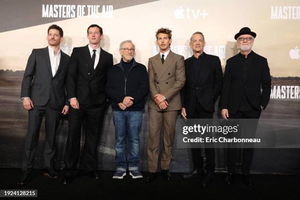 Sawyer Spielberg, Callum Turner, Steven Spielberg, Austin Butler, Tom Hanks and Gary Goetzman attend the premiere of the Apple TV+ “Masters of the...