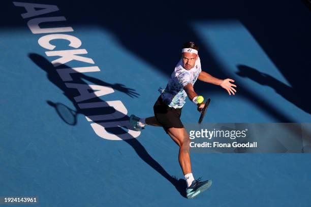 Daniel Altmaier of Germany plays a backhand in his match against Arthur Fils of France during the 2024 Men's ASB Classic at ASB Tennis Centre on...