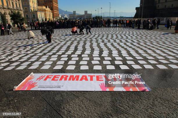 Small white tombstone plaques were displayed all over the square in memory of the children killed in Gaza by the bombings of Israel on October 7,...