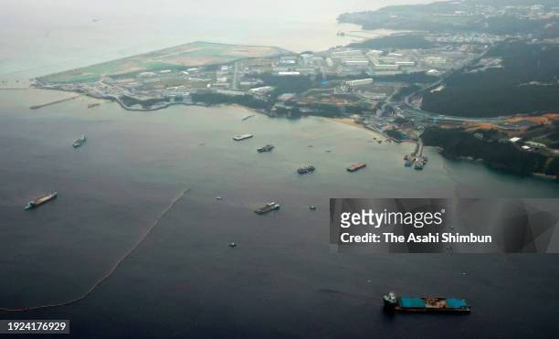 In this aerial image, land reclamation work restarts on January 10, 2024 in Nago, Japan. Land reclamation work in Okinawa Prefecture for the...