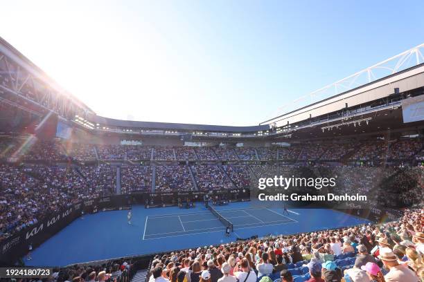 General view as Novak Djokovic of Serbia and Stefanos Tsitsipas of Greece compete during A Night with Novak & Friends at Rod Laver Arena ahead of the...