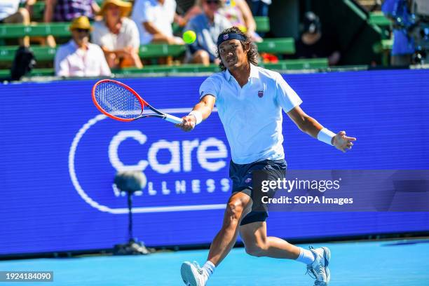 Zhang Zhizhen of China seen in action during the last match of Day 2 of the Care Wellness Kooyong Classic Tennis Tournament against Max Purcell of...