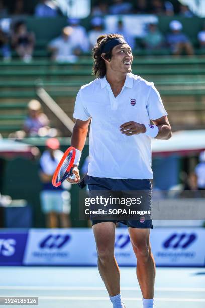 Zhang Zhizhen of China seen in action during the last match of Day 2 of the Care Wellness Kooyong Classic Tennis Tournament against Max Purcell of...