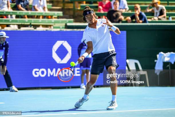 Zhang Zhizhen of China seen in action during the last match of Day 2 of the Care Wellness Kooyong Classic Tennis Tournament against Max Purcell of...