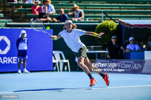 Max Purcell of Australia seen in action during the last match of Day 2 of the Care Wellness Kooyong Classic Tennis Tournament against Zhang Zhizhen...