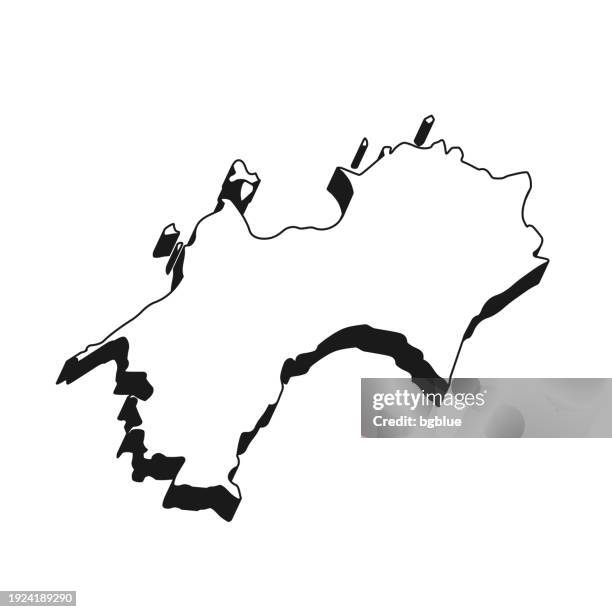 stockillustraties, clipart, cartoons en iconen met shikoku map with black outline and shadow on white background - shikoku