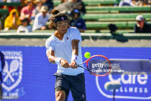 Zhang Zhizhen of China seen in action during the last match of Day 2 of the Care Wellness Kooyong Classic Tennis Tournament against Max Purcell of...