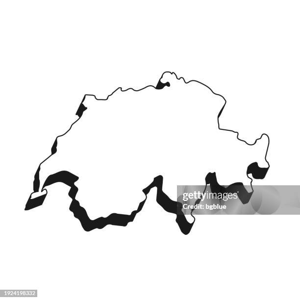 switzerland map with black outline and shadow on white background - contour drawing stock illustrations