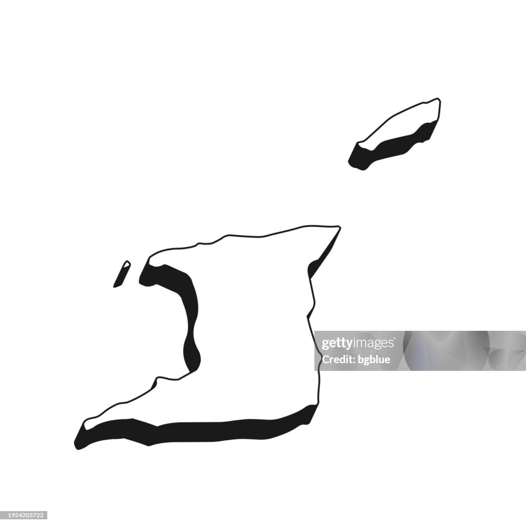 Mapa de Trinidad y Tobago con contorno negro y sombra sobre fondo blanco