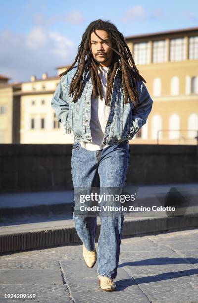 Luka Sabbat poses for a street style shooting during the GUESS JEANS "The Next 40 Years Of Denim" launch on January 09, 2024 in Florence, Italy.