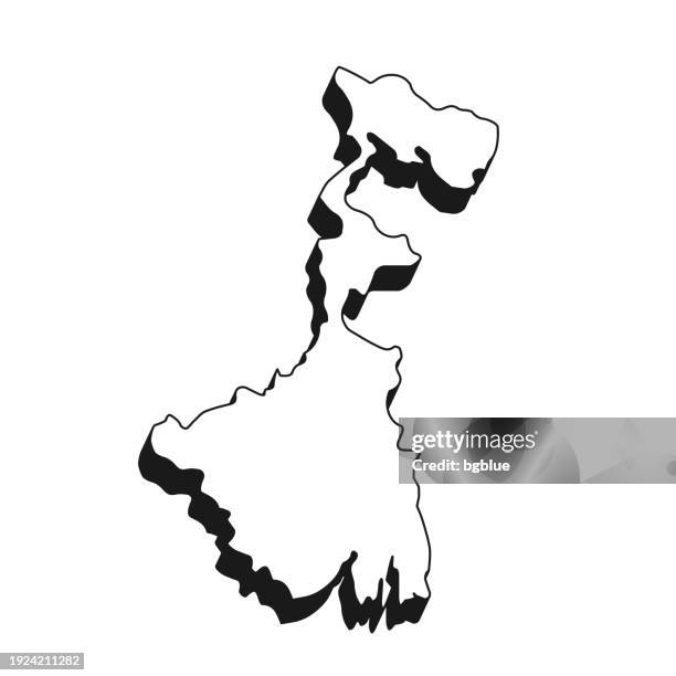 west bengal map with black outline and shadow on white background - bengal light stock illustrations