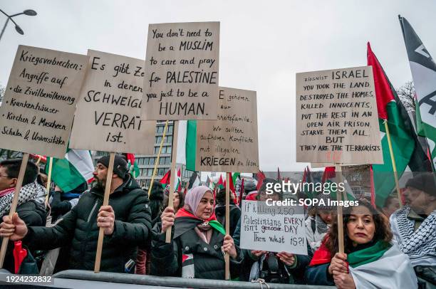 Protesters hold flags and placards expressing their opinion, during International Court of Justice . Hundreds of pro-Palestinian supports and a few...