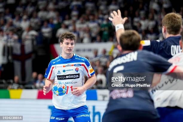 Elia Ellefsen A SKIPAGOTU of Faroe during the Men's EHF EURO 2024 match between Faroe Islands and Norway at Mercedes-Benz Arena on January 13, 2024...