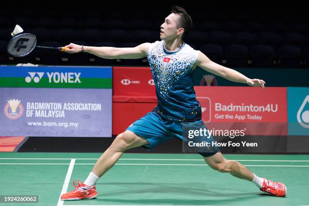 Ng Ka Long of Hong Kong in action against Kidambi Srikanth of India during the men singles on day three of the Malaysia Open at Axiata Arena on...