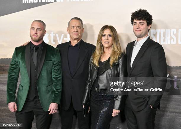 Chet Hanks, Tom Hanks, Rita Wilson, and Truman Hanks attend the World Premiere of Apple TV+'s "Masters of the Air" at Regency Village Theatre on...
