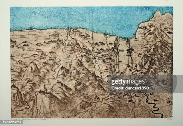 stockillustraties, clipart, cartoons en iconen met map of the tuscany coast, after a drawing by leonardo da vinci, renaissance art - renaissance and schets