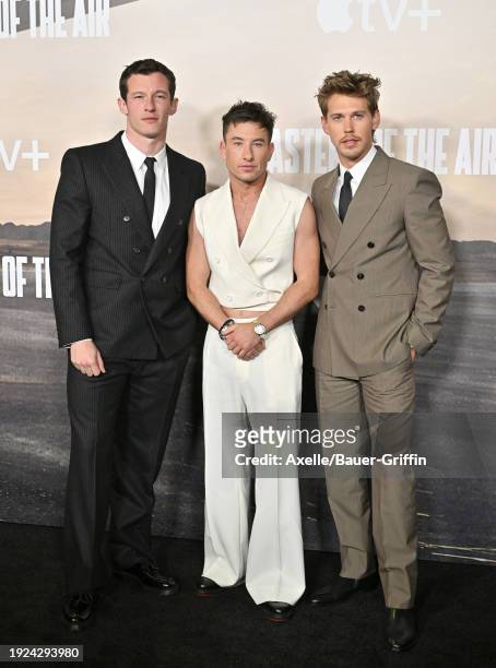 Callum Turner, Barry Keoghan and Austin Butler attend the World Premiere of Apple TV+'s "Masters of the Air" at Regency Village Theatre on January...