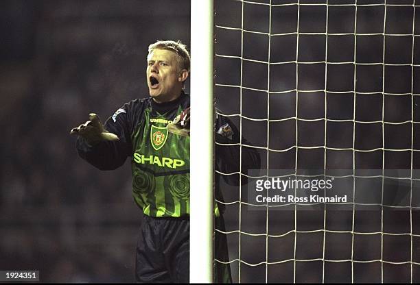 Peter Schmeichel of Manchester United controls his defence from the near post during the FA Carling Premiership match against Newcastle United at St...