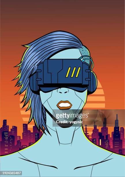 vector close-up cyberpunk girl in a future city vector illustration - visor digital 幅插畫檔、美工圖案、卡通及圖標