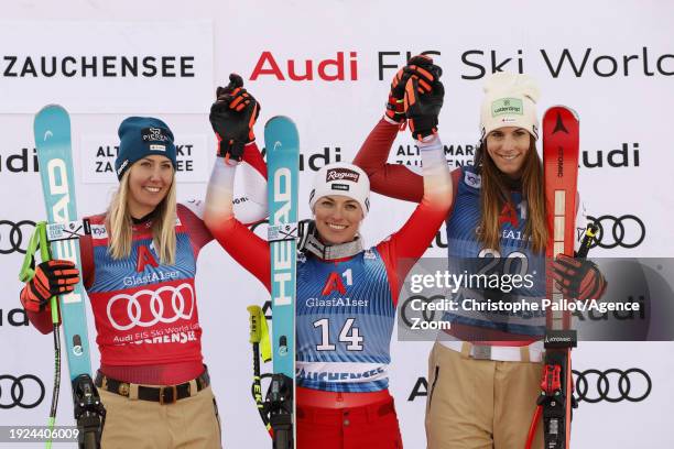 Cornelia Huetter of Team Austria takes 2nd place, Lara Gut-behrami of Team Switzerland takes 1st place, Mirjam Puchner of Team Austria takes 3rd...