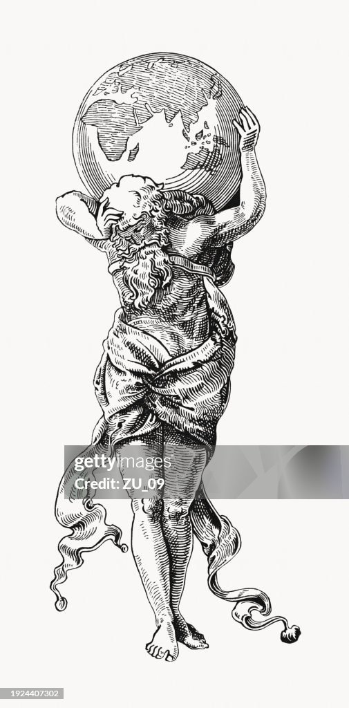 Atlas, titan in Greek mythology, wood engraving, published in 1894
