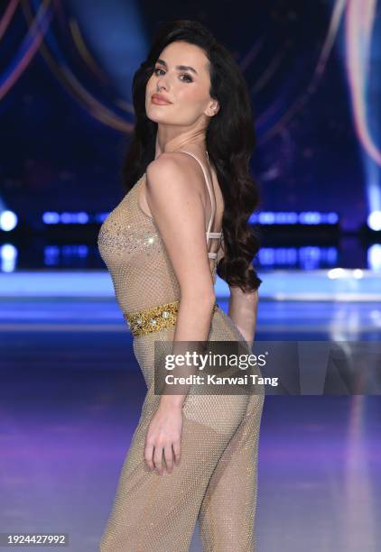 Amber Davies attends the "Dancing On Ice" photocall at Bovingdon Film Studios on January 10, 2024 in London, England.