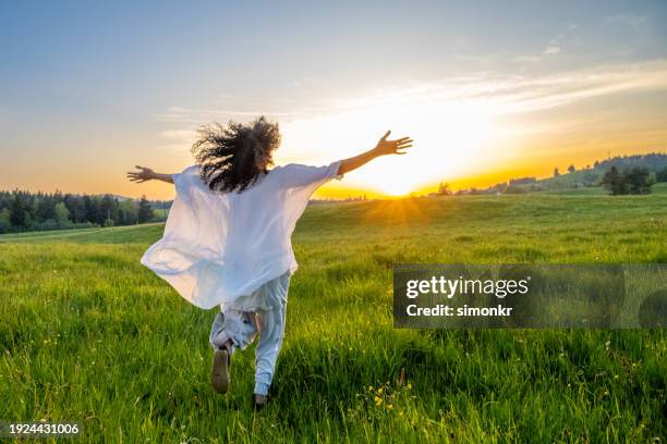woman walking in meadow - liberdade imagens e fotografias de stock