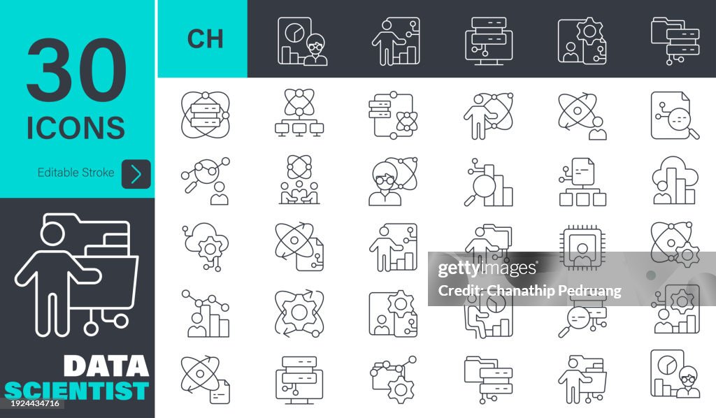 Data Scientist Icons set. 30 editable stroke vector graphic elements, Analyzing, Artificial Intelligence, Big Data, Chart, Cloud Computing, Statistics, Problem Solving, Knowledge, Technology