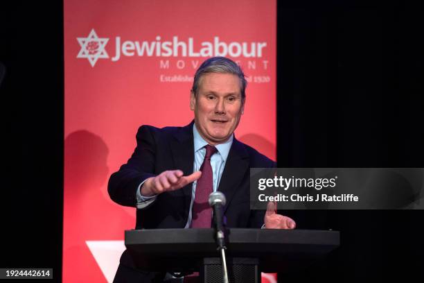 Leader of the Labour Party, Sir Keir Starmer, speaks to attendees of the Jewish Labour Movement one day conference on January 14, 2024 in London,...