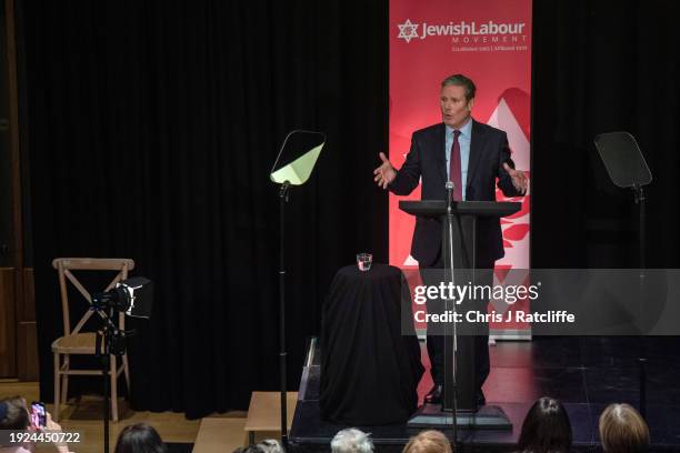 Leader of the Labour Party, Sir Keir Starmer, speaks to attendees of the Jewish Labour Movement one day conference on January 14, 2024 in London,...