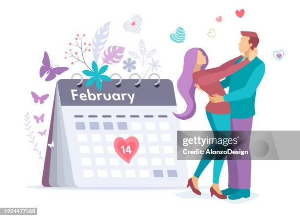 ilustraciones, imágenes clip art, dibujos animados e iconos de stock de february 14. calendar. embracing love. joyful embrace. young couple falling in love on valentine's day. - kiss paper