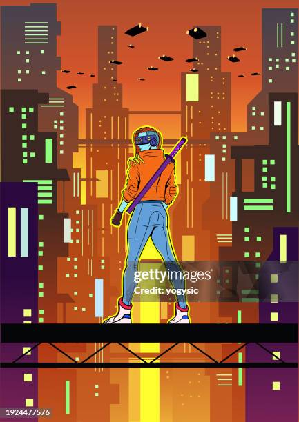 stockillustraties, clipart, cartoons en iconen met vector female mercenary in a cyberpunk city vector illustration - visor digital