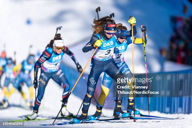 Lisa Vittozzi of Italy takes first place during the Women 10 km Pursuit at the BMW IBU World Cup Biathlon Ruhpolding on January 14, 2024 in...